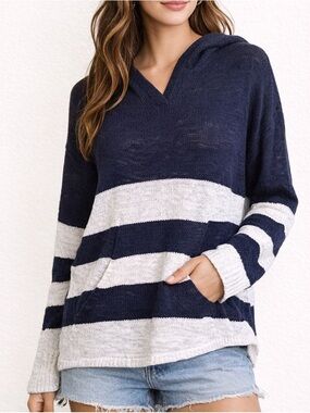 Marled Hooded Sweater Navy White Stripe Lightweight XL NWT